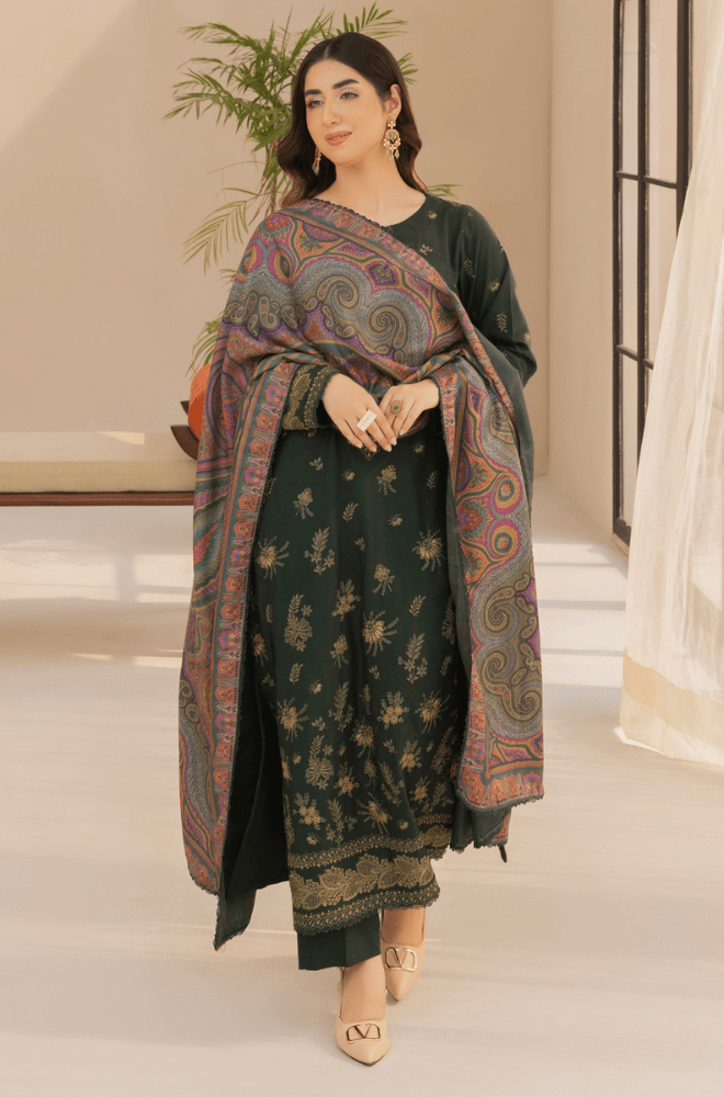 Winter 3PC Dhanak Embroidered Suit - BFB0415 - | BlueFery
