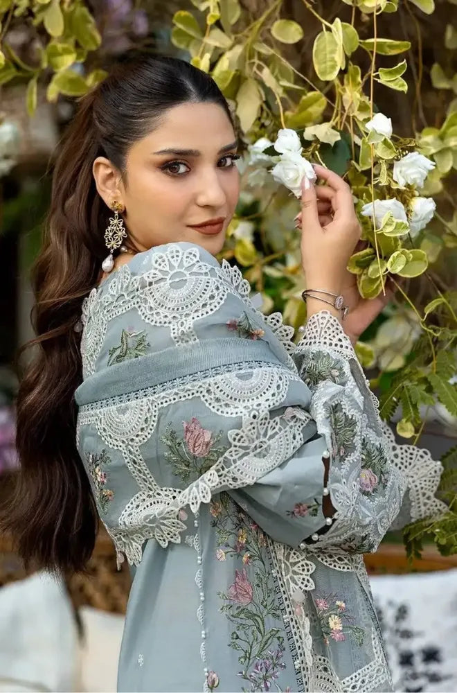 Elaf - 3PC Dhanak Chikankari Embroidered Shirt With Chiffon Embroidered Dupatta and Trouser - BFB01042