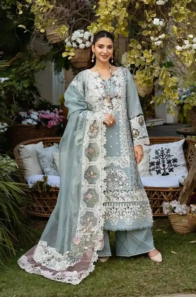 Elaf - 3PC Dhanak Chikankari Embroidered Shirt With Chiffon Embroidered Dupatta and Trouser - BFB01042