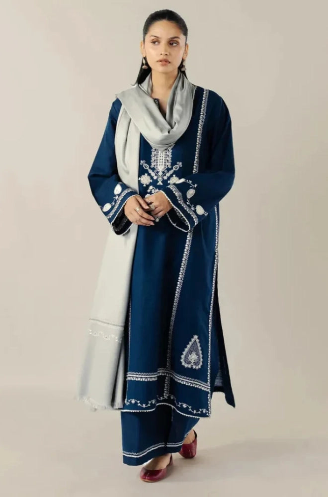 Zara Shahjahan - 3PC Dhanak Embroidered Shirt WIth Dhanak Printed Dupatta and Trouser - BFB0957