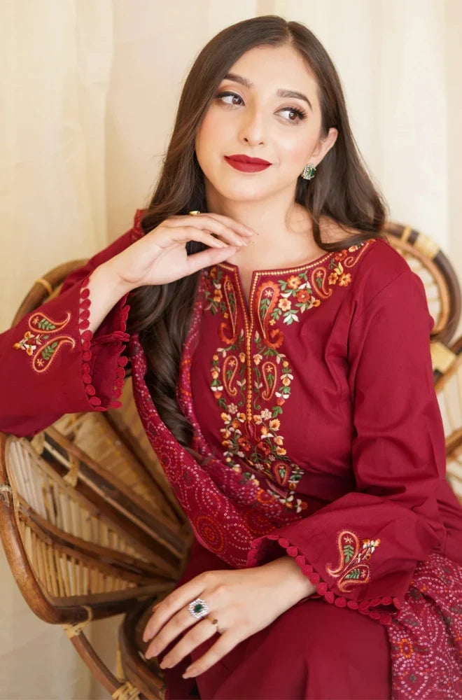 Aisling - 3PC Dhanak Embroidered Shirt With Pashmina Printed Dupatta and Trouser - BFB01177