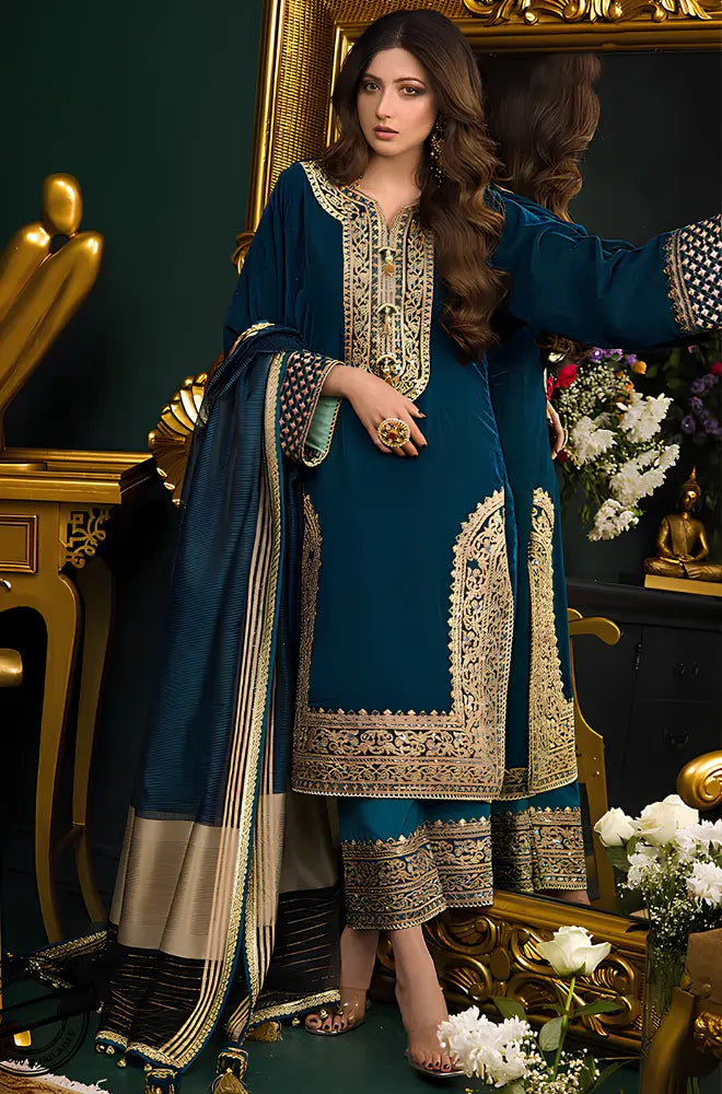 Asim Jofa - 3PC Velvet Embroidered Shirt With Broshia Net Dupatta and Trouser - BFB0927