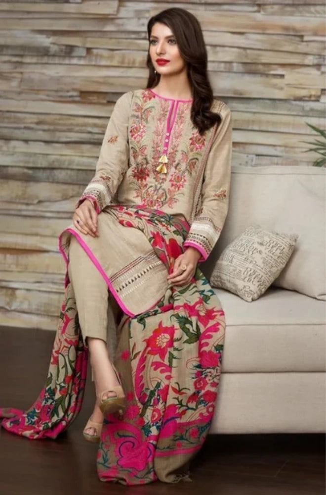 Khaadi - 3PC Dhanak Embroidered Shirt With Wool Printed Dupatta and Trouser - BFB01070