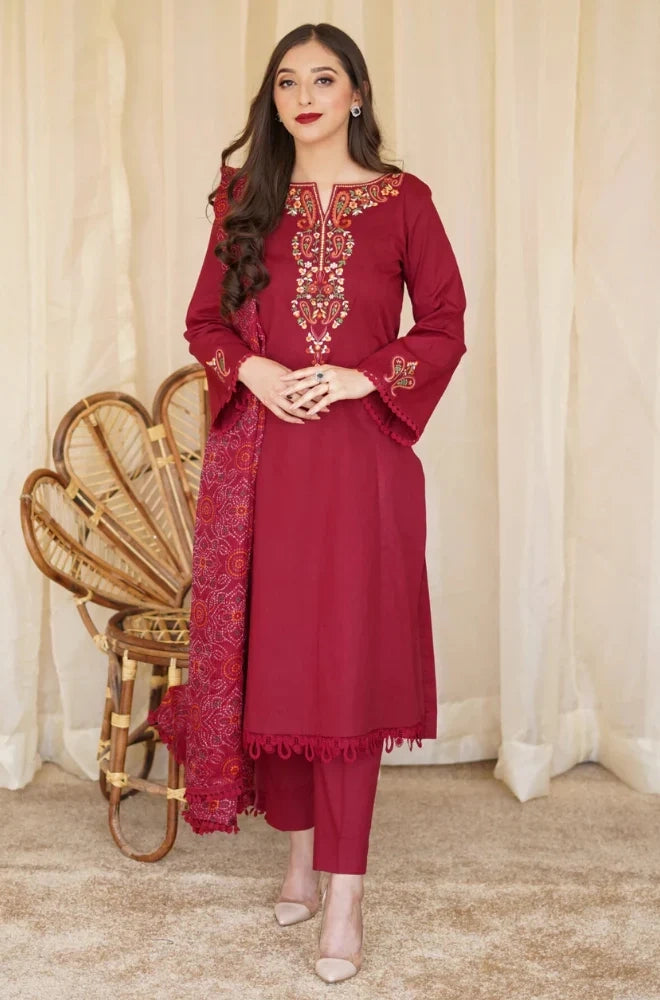 Aisling - 3PC Dhanak Embroidered Shirt With Pashmina Printed Dupatta and Trouser - BFB01177