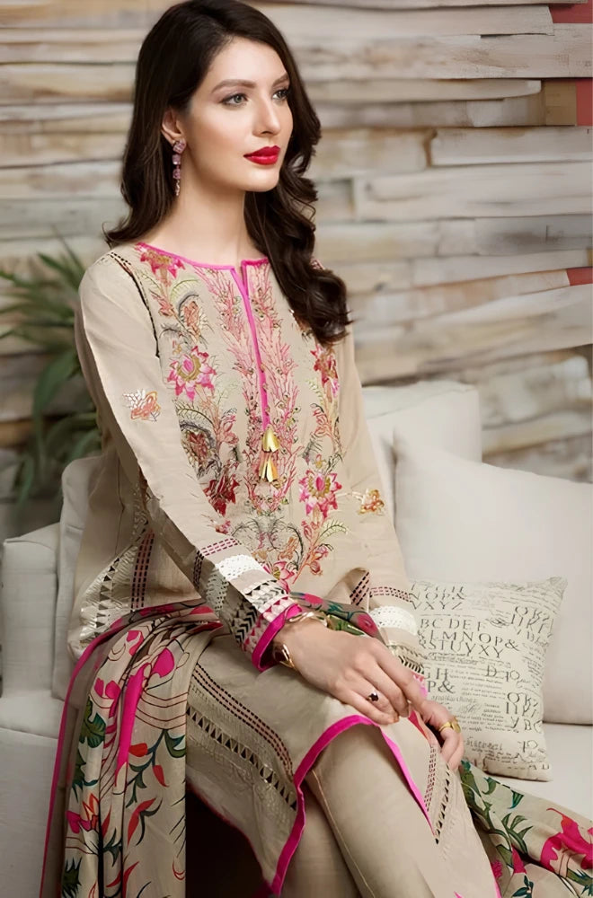 Khaadi - 3PC Dhanak Embroidered Shirt With Wool Printed Dupatta and Trouser - BFB01070
