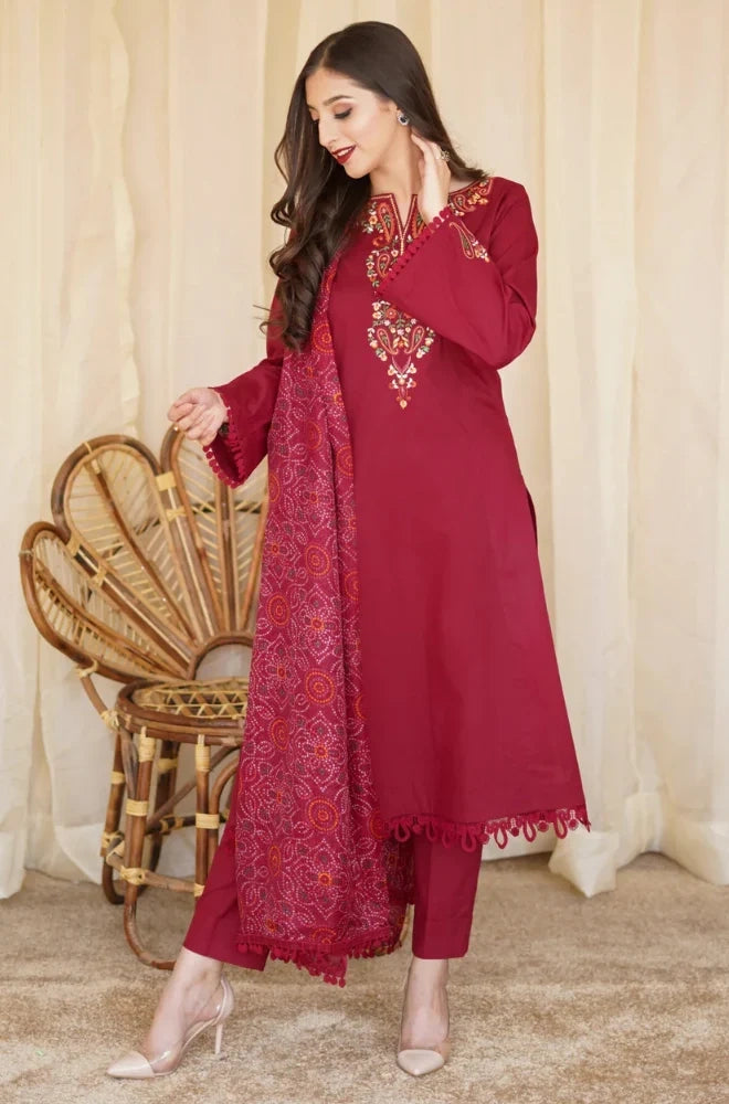 Aisling - 3PC Dhanak Embroidered Shirt With Pashmina Printed Dupatta and Trouser - BFB01177