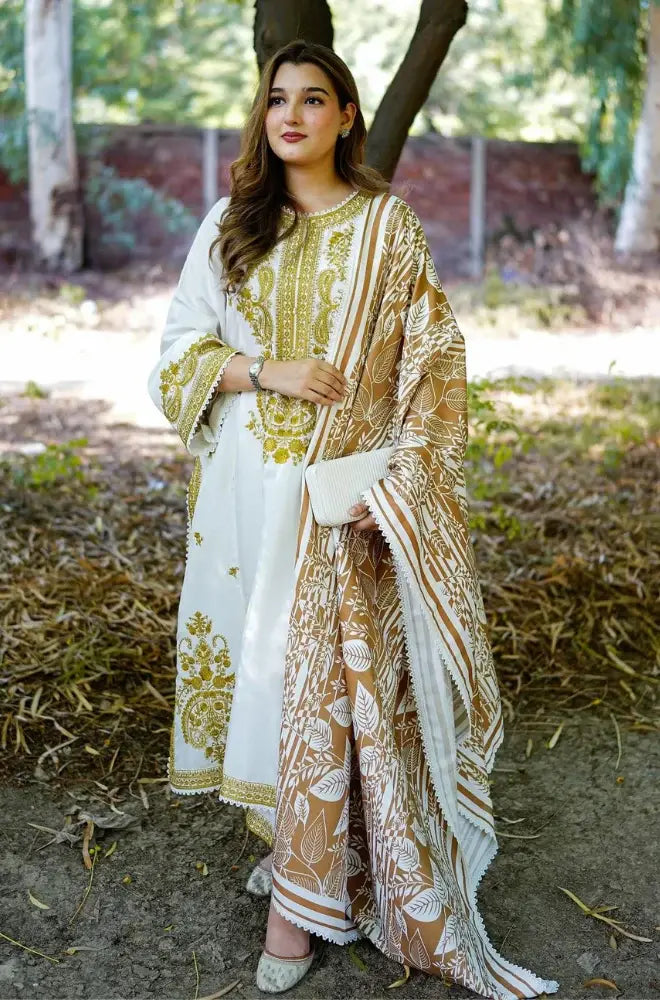 Aneelas - 3PC Dhanak Embroidered Shirt With Dhanak Printed Dupatta and Trouser - BFB0959