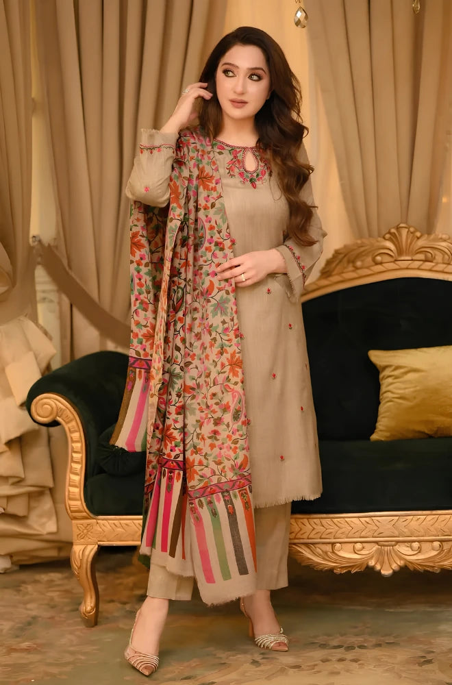 Bunnai - 3PC Dhanak Embroidered Shirt With Wool Printed Dupatta and Trouser - BFB01062