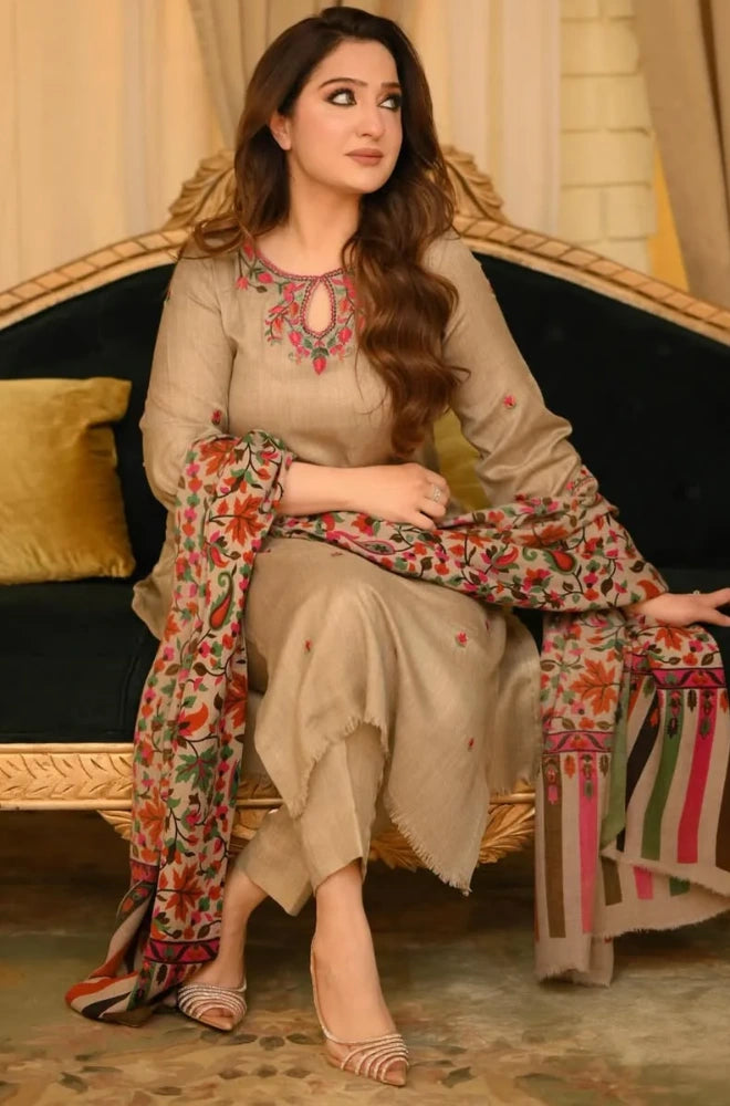 Bunnai - 3PC Dhanak Embroidered Shirt With Wool Printed Dupatta and Trouser - BFB01062