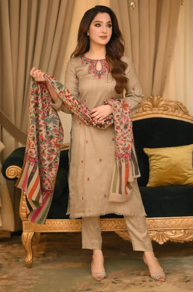 Bunnai - 3PC Dhanak Embroidered Shirt With Wool Printed Dupatta and Trouser - BFB01062