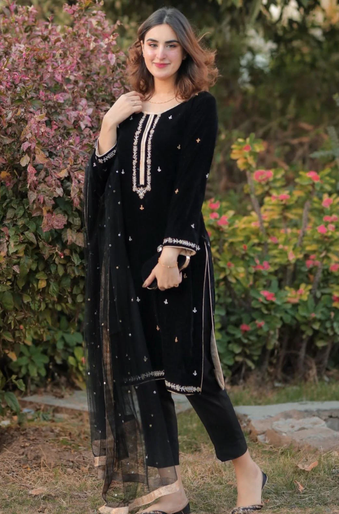 Boraque - 3PC Velvet Embroidered Shirt With Silk Printed Dupatta and Trouser - BFB0401