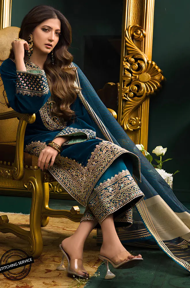 Asim Jofa - 3PC Velvet Embroidered Shirt With Broshia Net Dupatta and Trouser - BFB0927