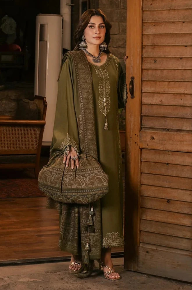 Izel - 3PC Dhanak Embroidered Front Shirt With Pashmina Printed Dupatta and Trouser - BFB01179