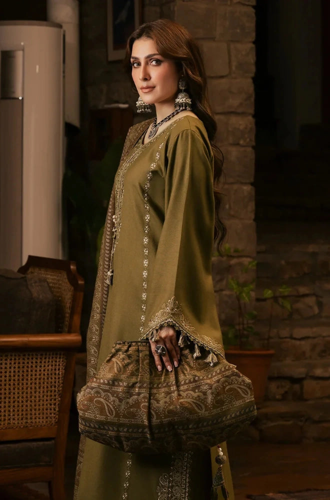Izel - 3PC Dhanak Embroidered Front Shirt With Pashmina Printed Dupatta and Trouser - BFB01179