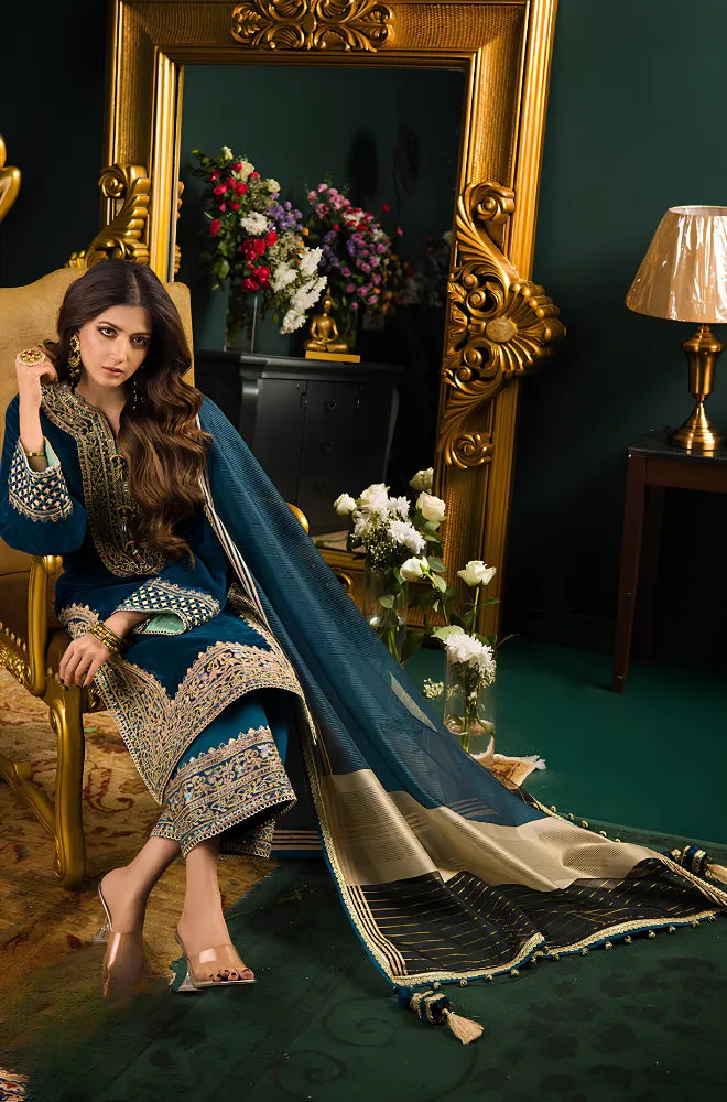 Asim Jofa - 3PC Velvet Embroidered Shirt With Broshia Net Dupatta and Trouser - BFB0927