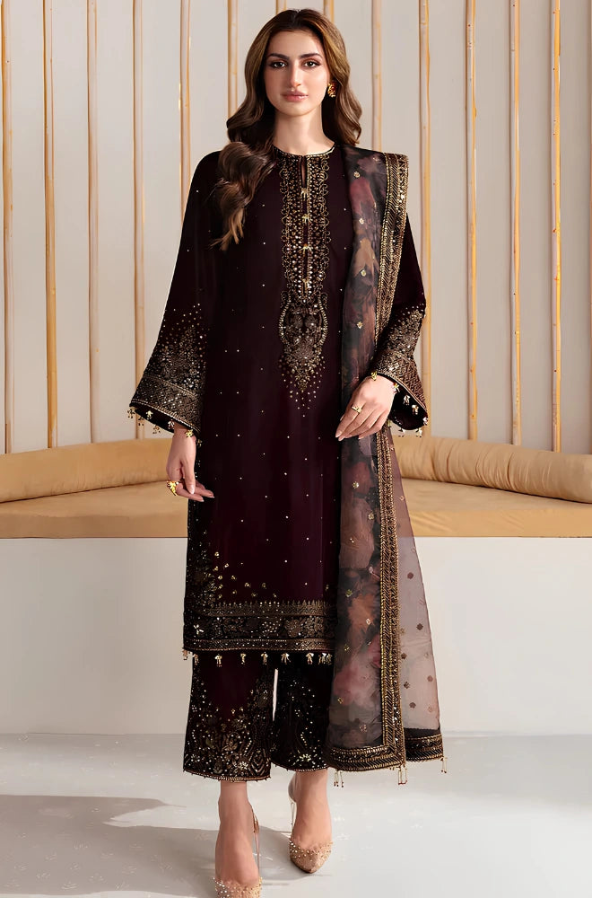 Jazmin - 3PC Velvet Embroidered Shirt With Organza Dupatta and Trouser - BFB0926