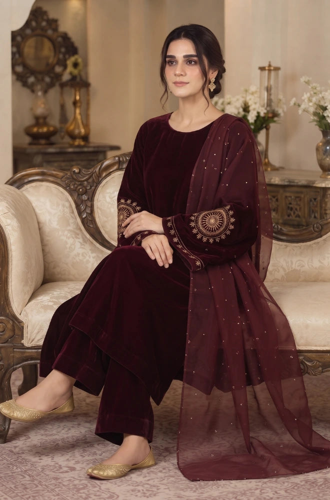 Bluefery - 3PC Velvet Embroidered Shirt With Chiffon Embroidered Dupatta and Trouser - BFB01183