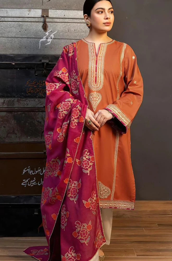 Zara Shahjahan - 3PC Dhanak Embroidered Shirt With Wool Printed Dupatta and Trouser - BFB01009