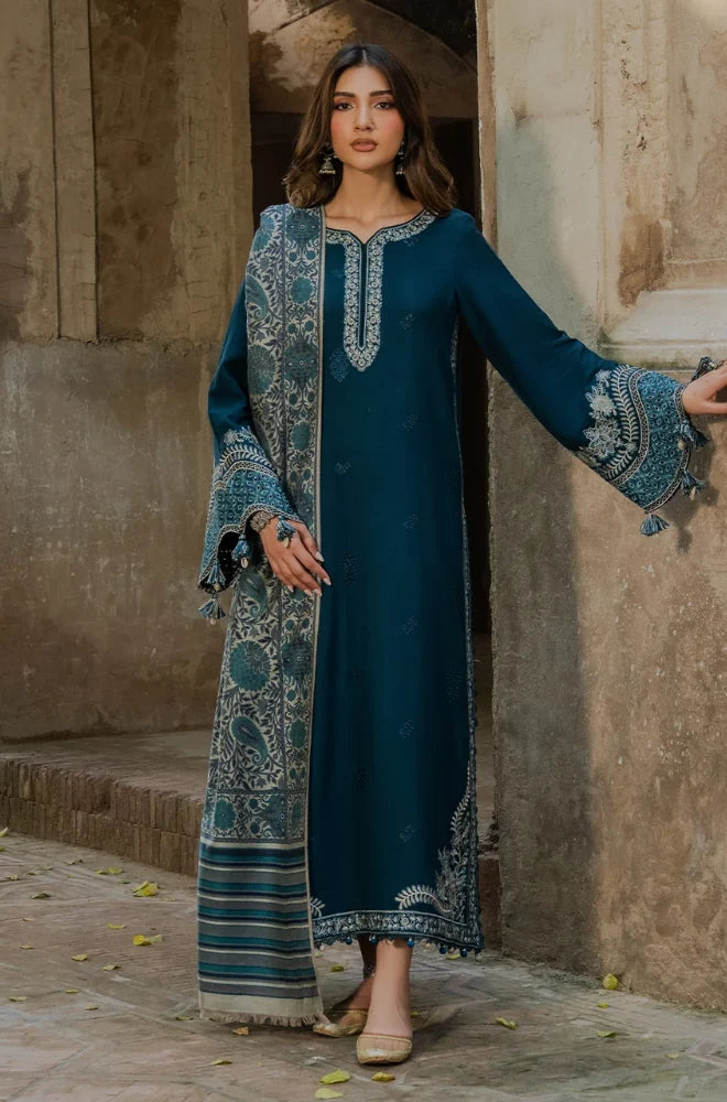 Izel - 3PC Dhanak Embroidered Shirt With Wool Printed Dupatta and Trouser - BFB01007