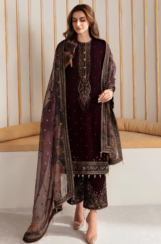 Jazmin - 3PC Velvet Embroidered Shirt With Organza Dupatta and Trouser - BFB0926
