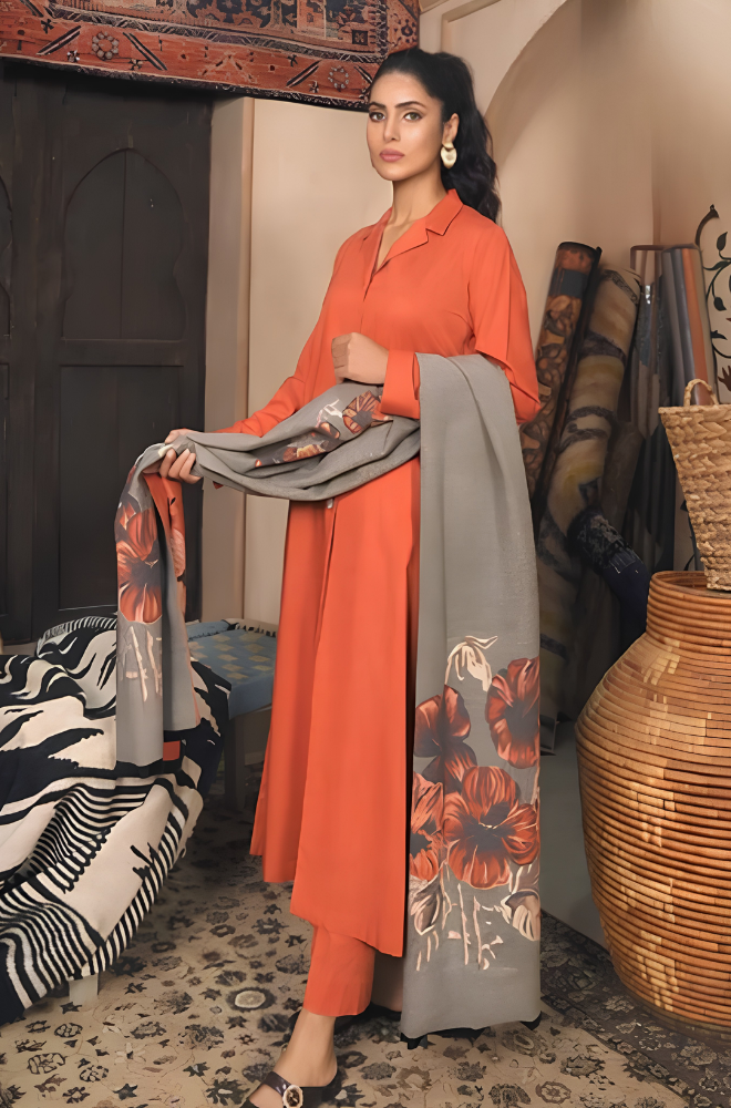 3PC Dhanak Shirt With Dhanak Pinted Dupatta and Trouser - BFB0986