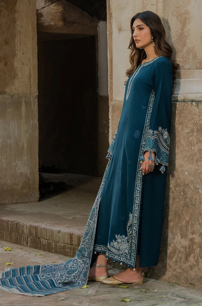 Izel - 3PC Dhanak Embroidered Shirt With Wool Printed Dupatta and Trouser - BFB01007