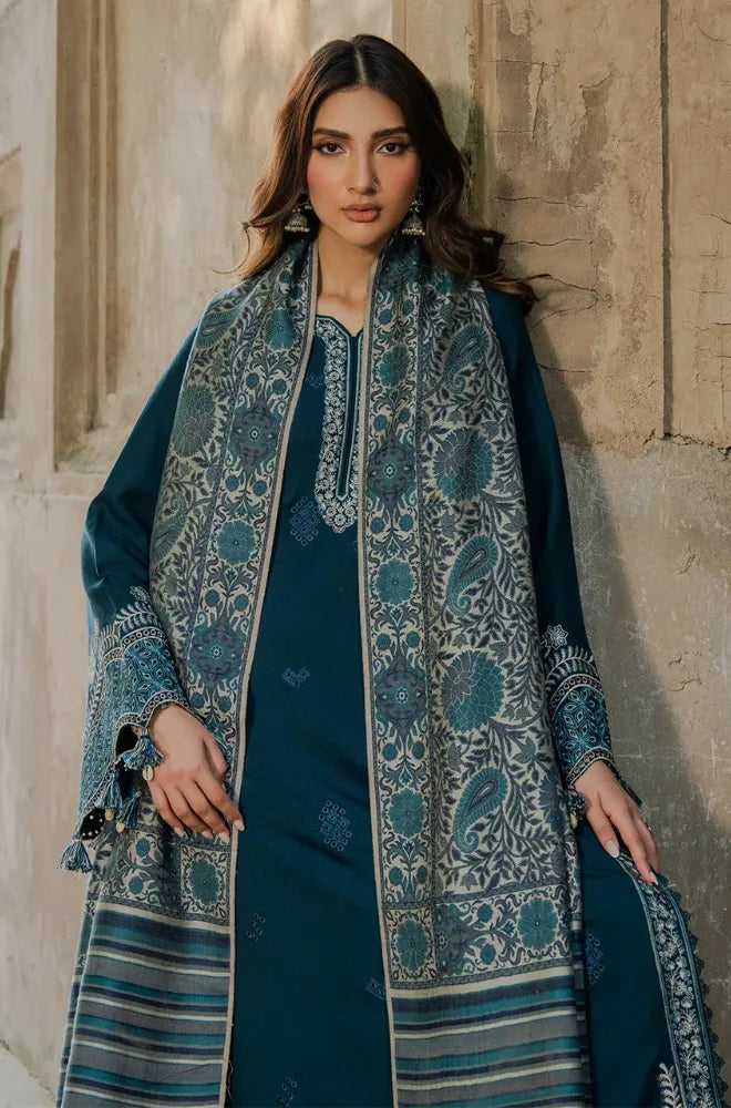 Izel - 3PC Dhanak Embroidered Shirt With Wool Printed Dupatta and Trouser - BFB01007