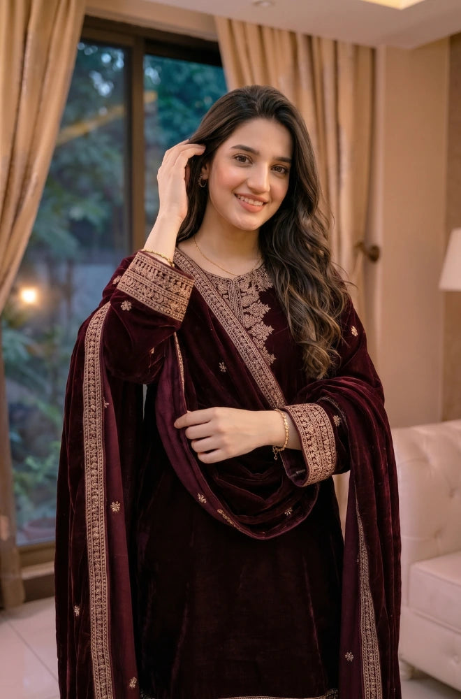Faveza - Elowen 3PC Stitch Velvet Dress - FVL - 04