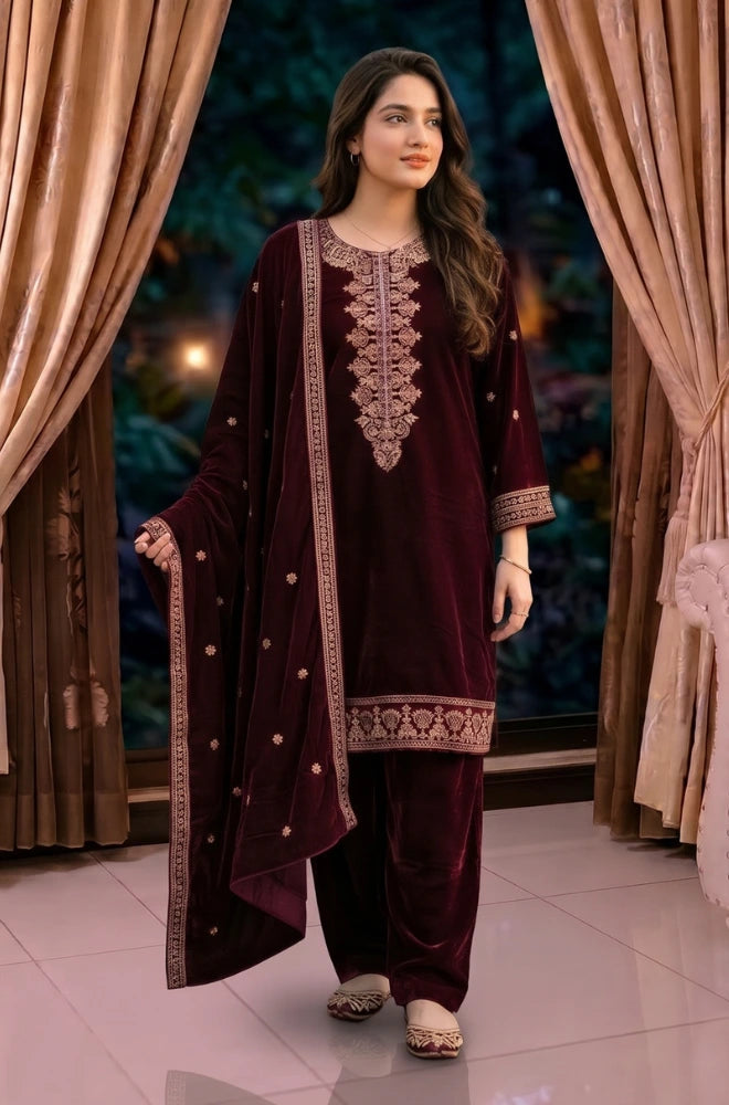 Faveza - Elowen 3PC Stitch Velvet Dress - FVL - 04