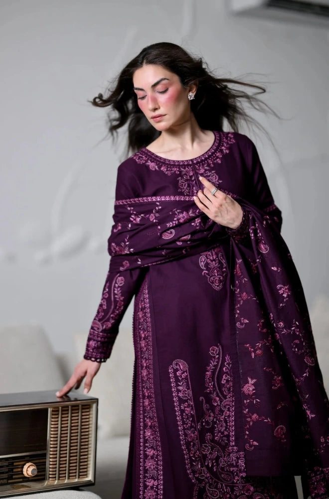 Zaib - 3PC Unstitched Dhanak Embroidered Shirt with Dhanak Embroidered Dupatta and Trouser - BFB01152