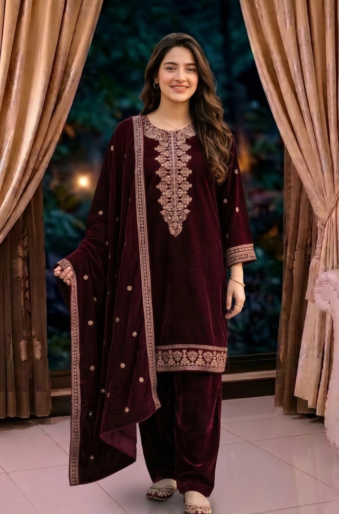 Faveza - Elowen 3PC Stitch Velvet Dress - FVL - 04