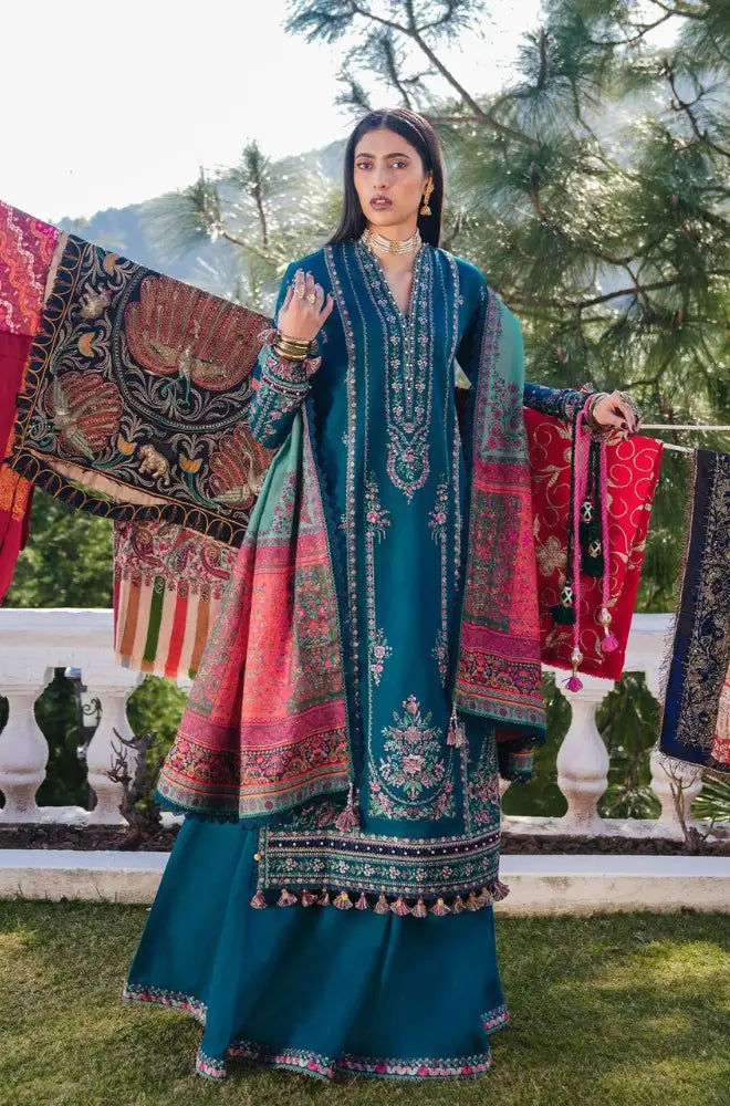 Hussain Rehar - 3PC Dhanak Embroidered Shirt With Wool Printed Dupatta and Trouser - BFB01004