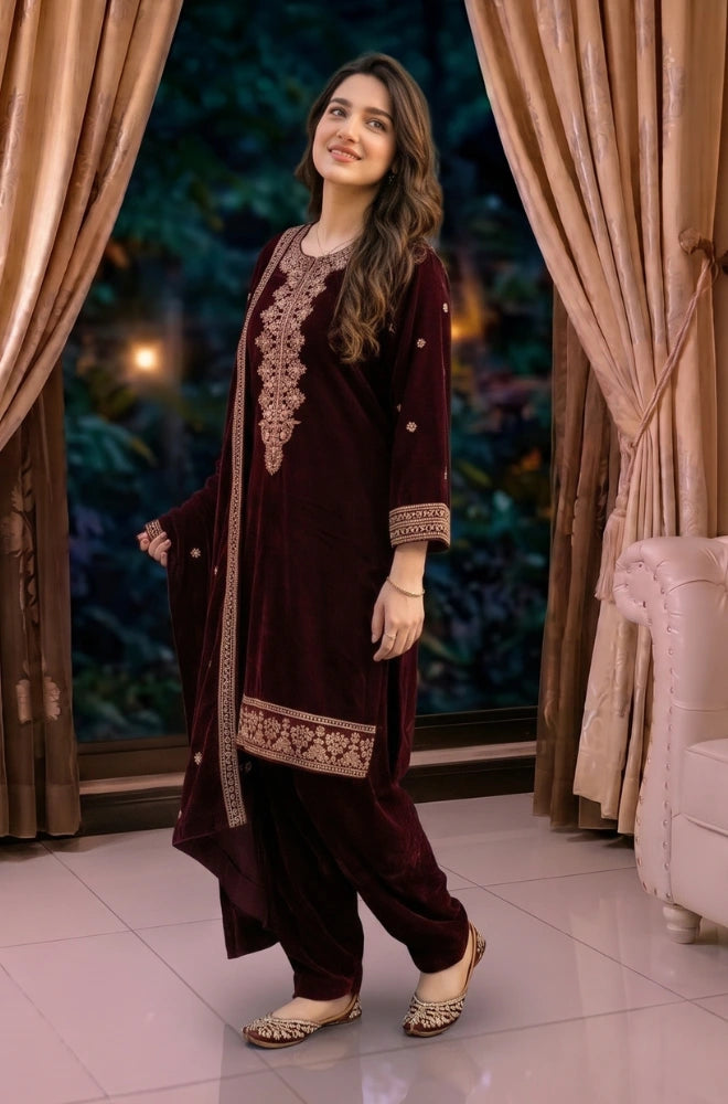 Faveza - Elowen 3PC Stitch Velvet Dress - FVL - 04