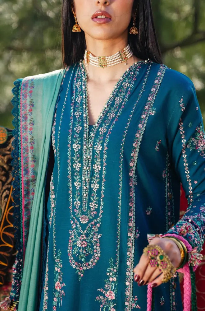 Hussain Rehar - 3PC Dhanak Embroidered Shirt With Wool Printed Dupatta and Trouser - BFB01004