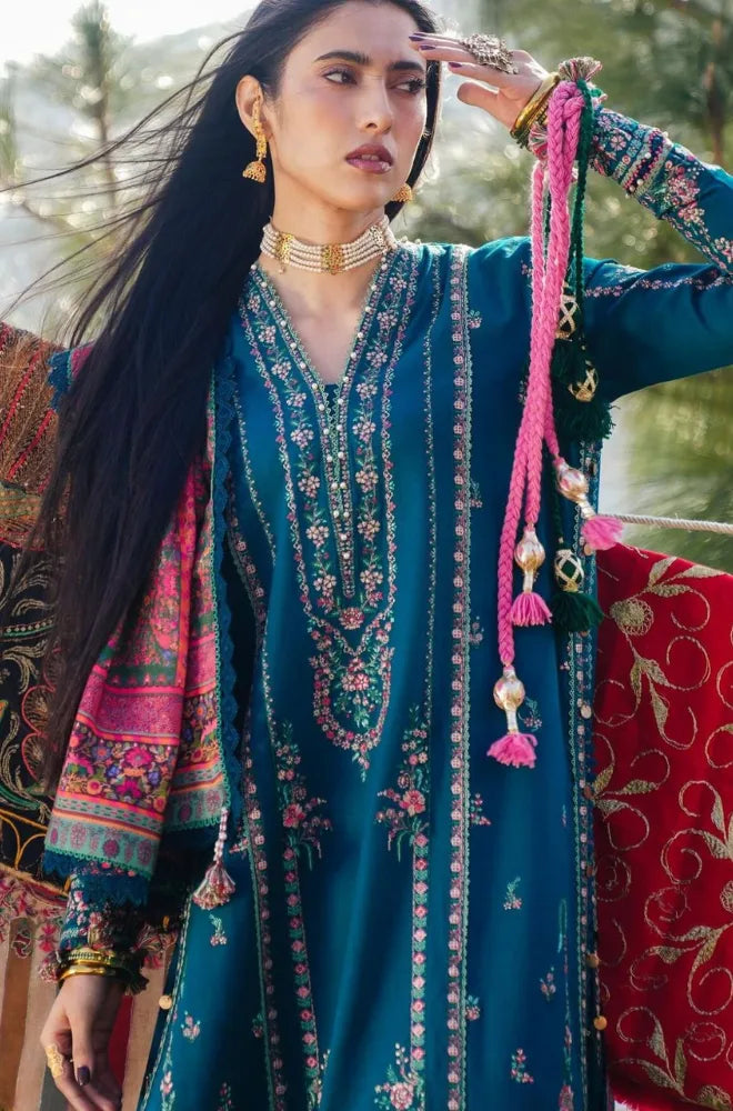 Hussain Rehar - 3PC Dhanak Embroidered Shirt With Wool Printed Dupatta and Trouser - BFB01004