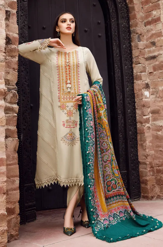Maria.B - 3PC Dhanak Embroidered Shirt With Wool Printed Dupatta and Trouser - BFB01001