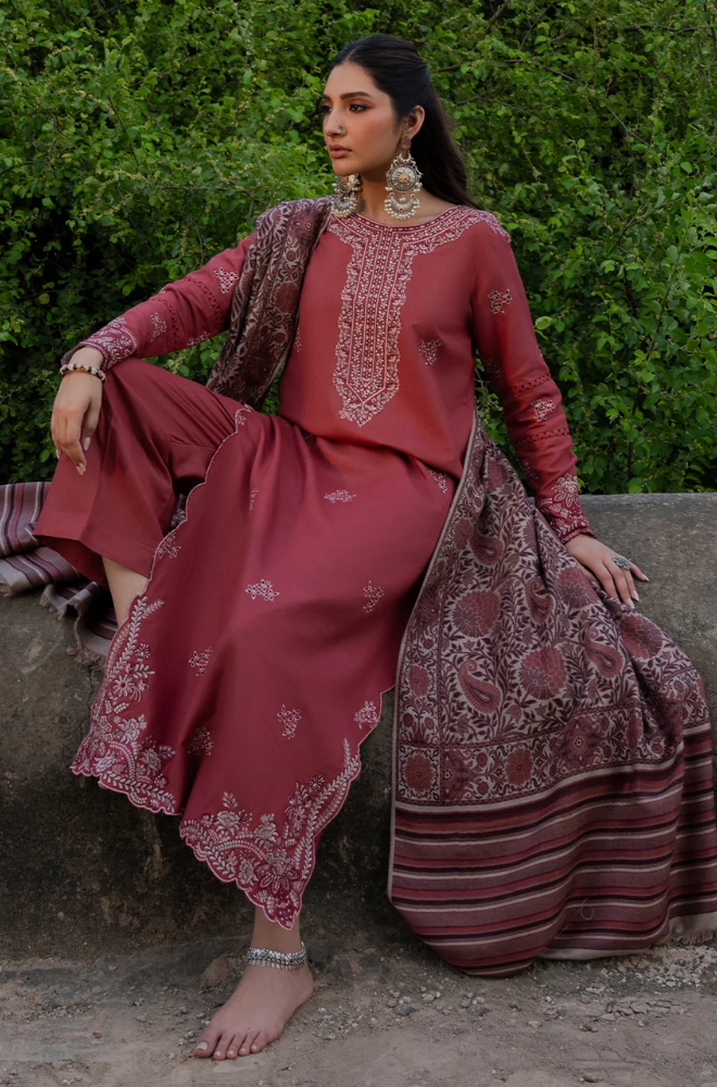 Izel - 3PC Dhanak Embroidered Shirt With Wool Printed Dupatta and Trouser - BFB01011