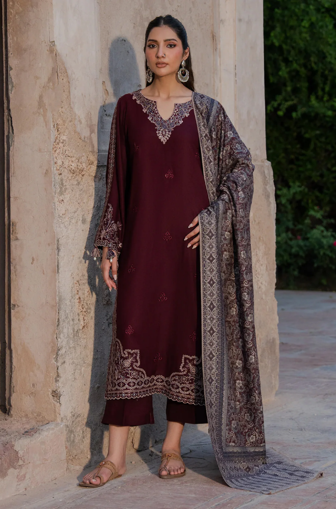 Izel - 3PC Dhanak Embroidered Shirt With Wool Printed Dupatta and Trouser - BFB01010