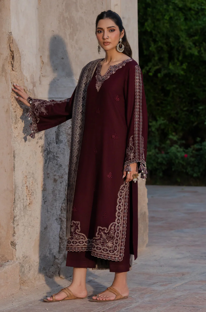Izel - 3PC Dhanak Embroidered Shirt With Wool Printed Dupatta and Trouser - BFB01010