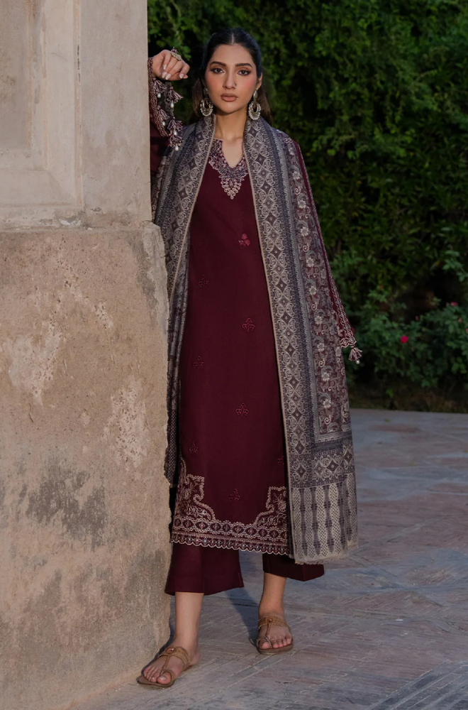 Izel - 3PC Dhanak Embroidered Shirt With Wool Printed Dupatta and Trouser - BFB01010