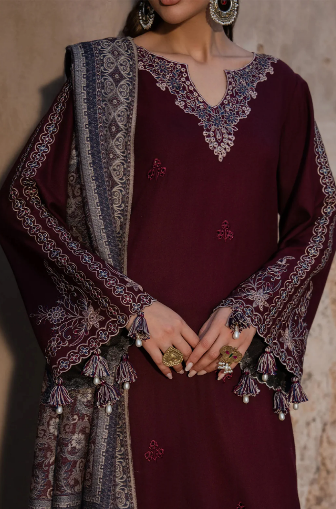 Izel - 3PC Dhanak Embroidered Shirt With Wool Printed Dupatta and Trouser - BFB01010