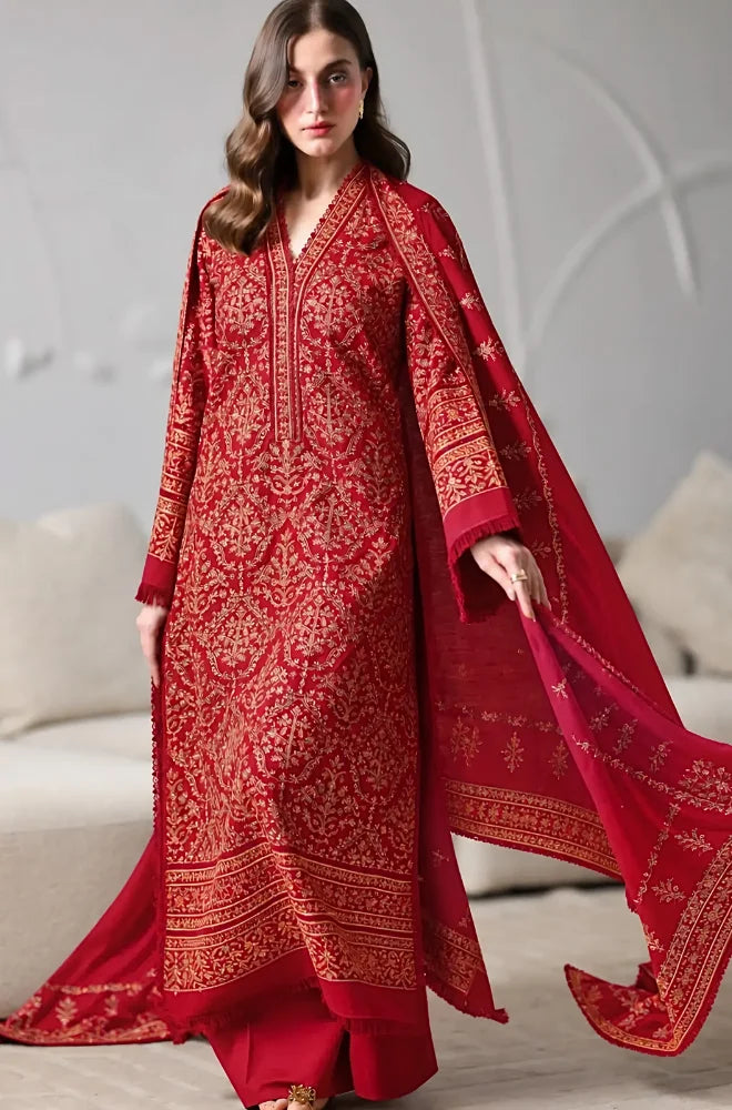 3PC Dhanak Embroidered Shirt With Dhanak Embroidered Shawl and Trouser - BFB01184