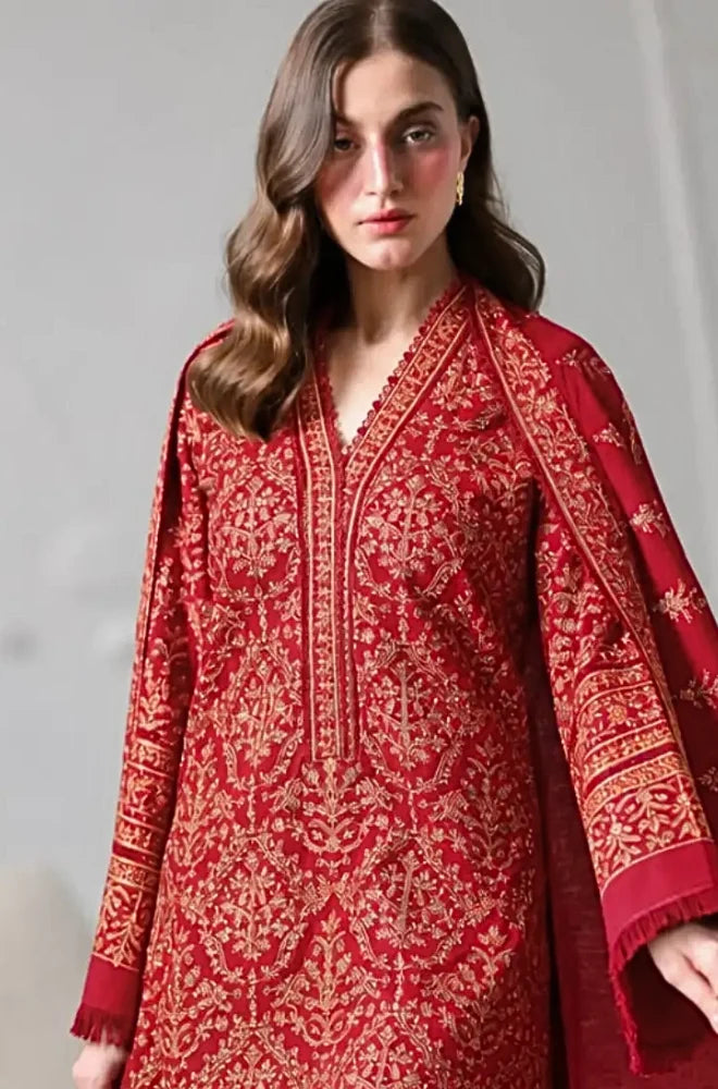 3PC Dhanak Embroidered Shirt With Dhanak Embroidered Shawl and Trouser - BFB01184