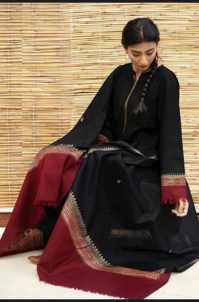 Dyot - 3PC Dhanak Embroidered Shirt With Twill Printed Dupatta and Trouser - BFB0872