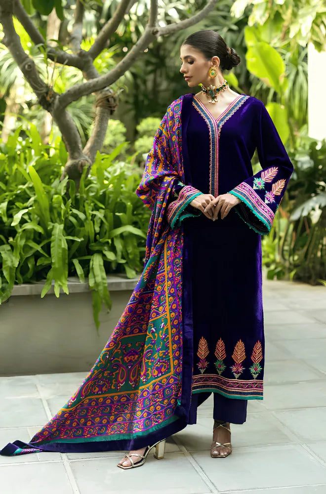 Charizma - 3PC Velvet Embroidered Shirt with Karandi Printed Dupatta and Trouser - BFB0925