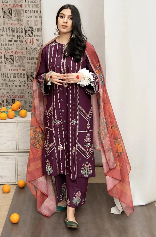 Urge - 3PC Dhanak Embroidered Shirt With Twill Printed Dupatta and Trouser - BFB0913