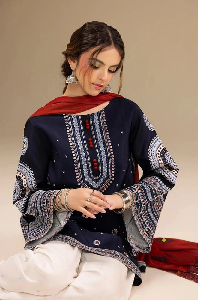Ethnic - 3PC Dhanak Embroidered Shirt With Wool Printed Dupatta and Trouser - BFB0885