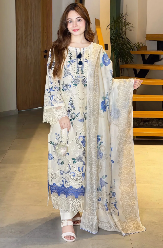 Preet Pret - 3PC Chikankari Embroidered Lawn Shirt With Monar Dupatta and Trouser - BFB01013