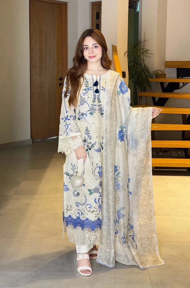 Preet Pret - 3PC Chikankari Embroidered Lawn Shirt With Monar Dupatta and Trouser - BFB01013