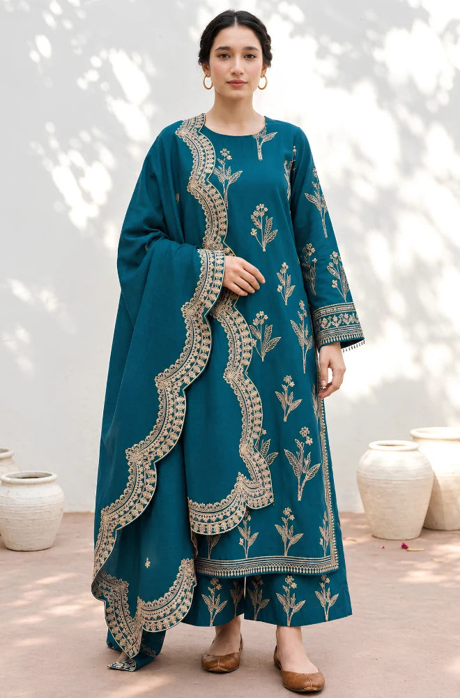 Zellbury - 3PC Dhanak Embroidered Shirt With Dhanak Embroidered Dupatta and Trouser - BFB01185
